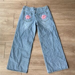 Blue Jeans with Pink Floral Embroidery